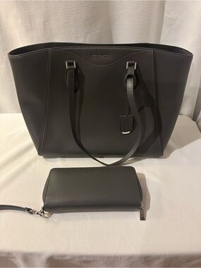 Michael Kors Gray Leather Tote with Matching Zip Wallet NWT